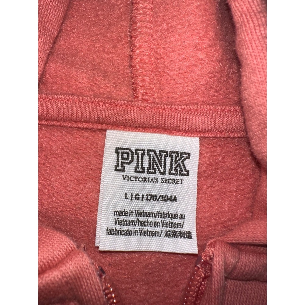 Victorias Secret PINK Zip Up Hoodie Coral Orange Black Logo Fleece Sweatshirt L - Picture 2 of 5